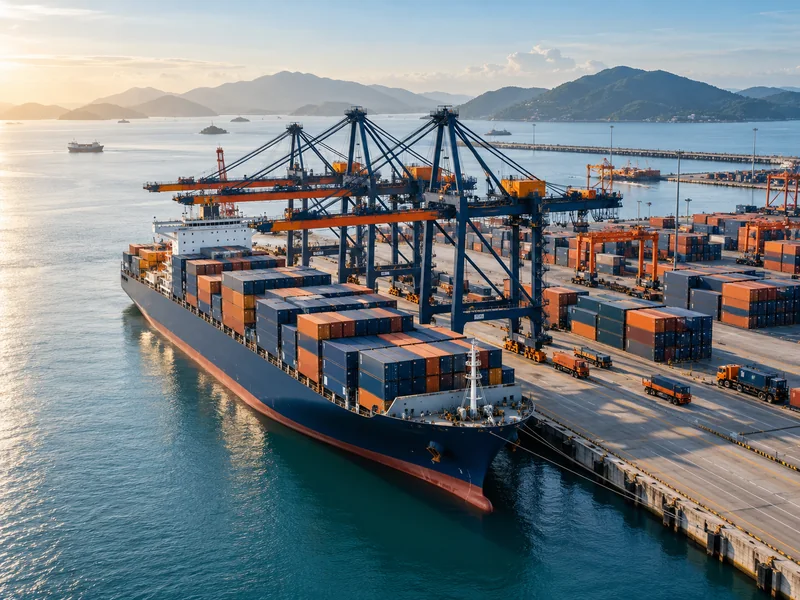 Minh họa cảng container với tàu biển, cần cẩu và bãi hàng